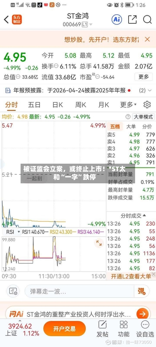 被证监会立案，或终止上市！*ST太和“一字	”跌停-第2张图片