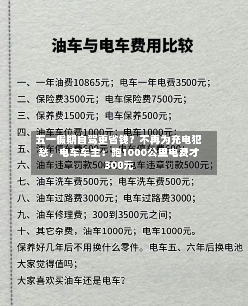 五一假期自驾更省钱？不再为充电犯愁	，电车车主：跑1000公里电费才300元-第1张图片